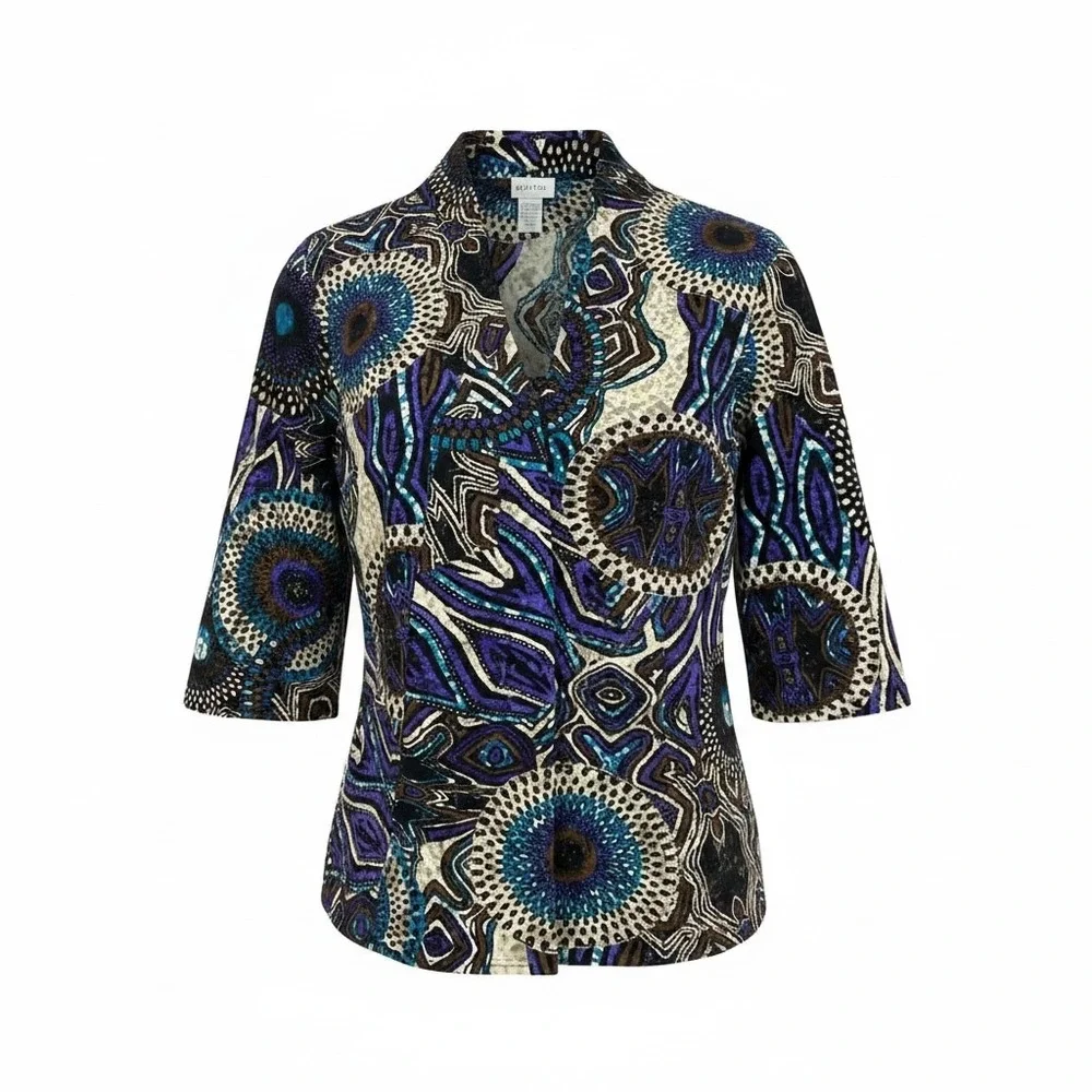 Chicos Size 1/M Purple Blue Abstract Geometric Mesh V-Neck 3/4 Sleeve Top Blouse